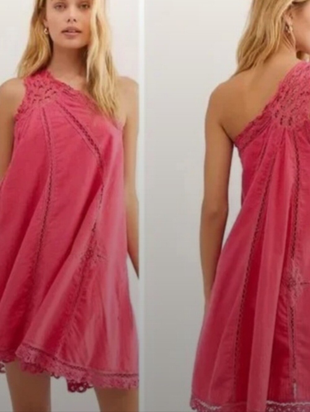 Free People One-Shoulder Crochet-Trim Mini Dress in Hot Pink